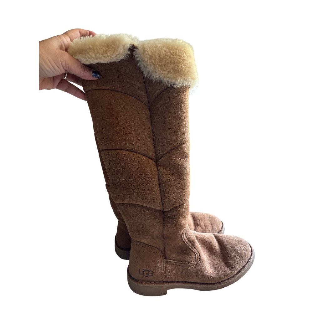 UGG Tall Suede Boots Womens 6 Chestnut Shearling Zip Stitched